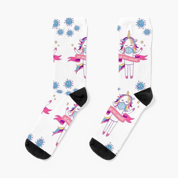 We Will Survive Unicorn Says Crew Socks Cotton Comfortable Short Ladies Black Cute Unisex Mens Breathable Cartoon Sports Autumn