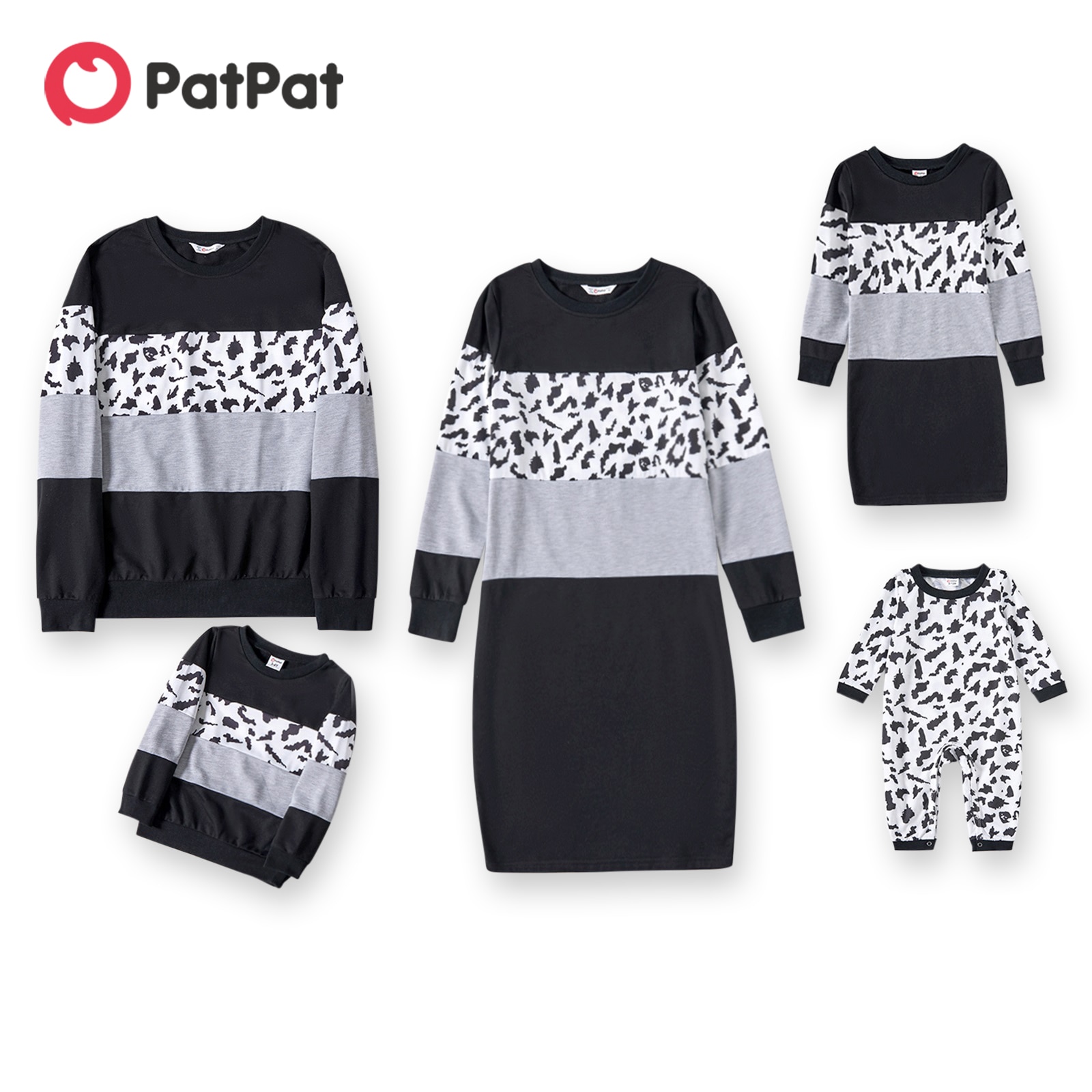 PatPat Family Matching Leopard Splicing Black Casual Long-sleeve Dresses and Tops Sets