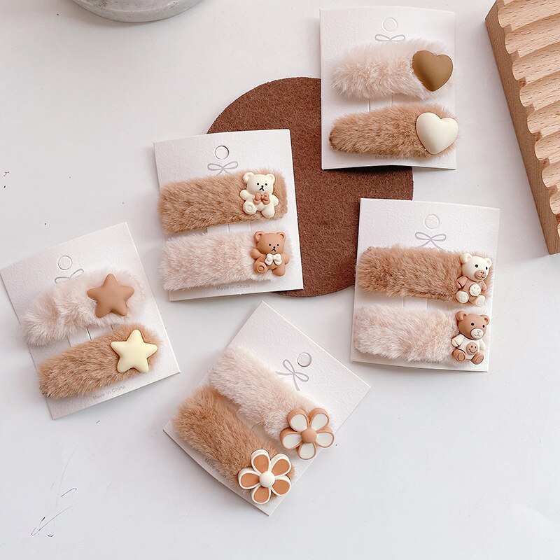 2pcs Baby Girl Headbands Winter Wool Bear Star Kawaii Hair Clips Children Head Bands Soft Warm Hair Bands for Kids Korean 2022