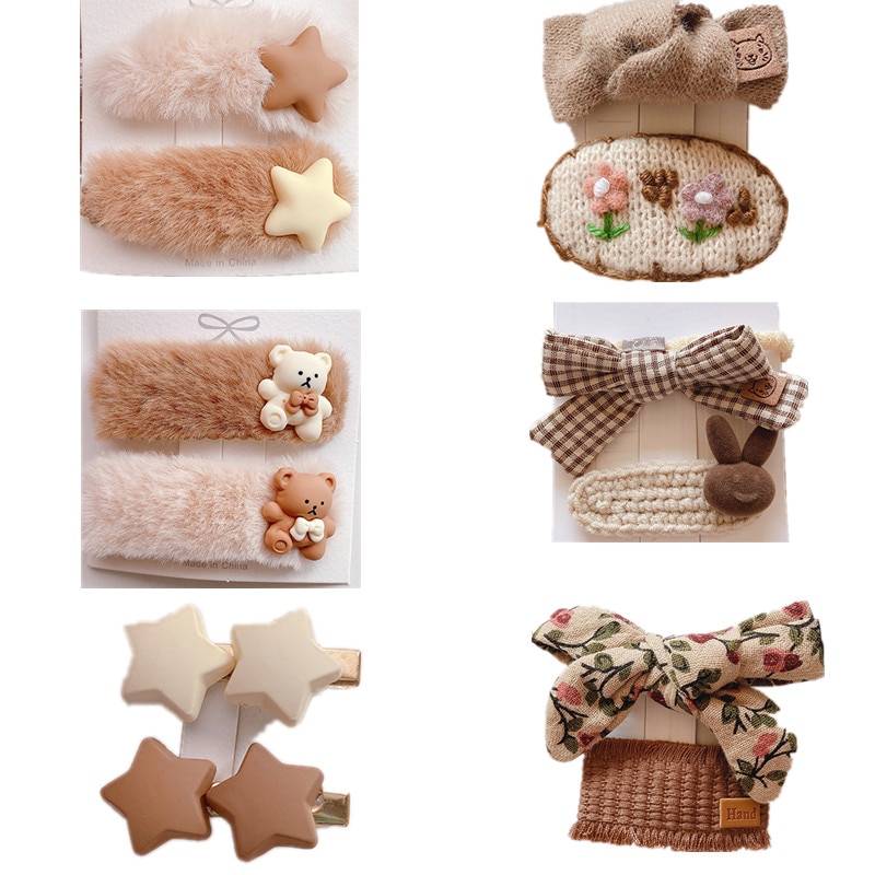 2pcs Baby Girl Headbands Winter Wool Bear Star Kawaii Hair Clips Children Head Bands Soft Warm Hair Bands for Kids Korean 2022