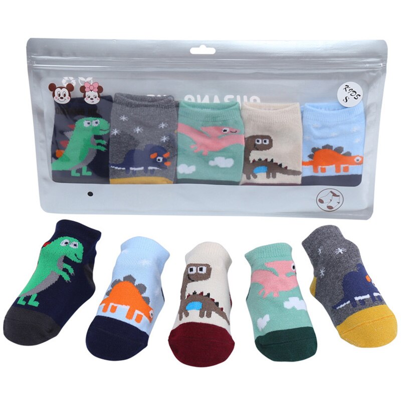 5 Pairs Baby Socks Cotton Non-Slip Dragon Boy Girl Socks Cartoon Cute Kid Socks 0-2Y