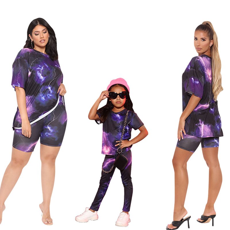 Mommy and Me Clothing Set Purple Fashion Print Summer Casual Mother Daughter Matching Suits T-shirt Pant Two Piece Outfits