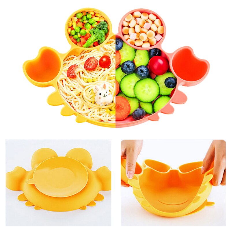 Baby Silicone Sucker Bowl Children Non-slip Tableware Infant Food Dishes BPA Free Cartoon Crab Feeding Divided Plate Spoon Fork