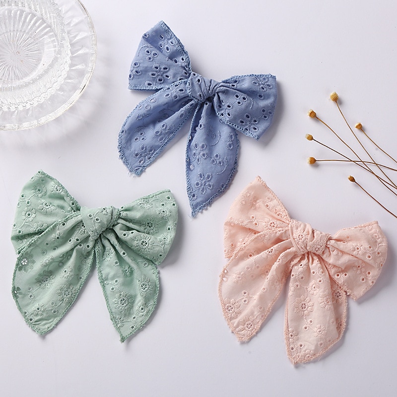 New Baby Girls Hair Clips Cotton 5.9in Embroidery Flower Lace Bows Hairpins Princess Barrettes Cute Children Hair Accessories