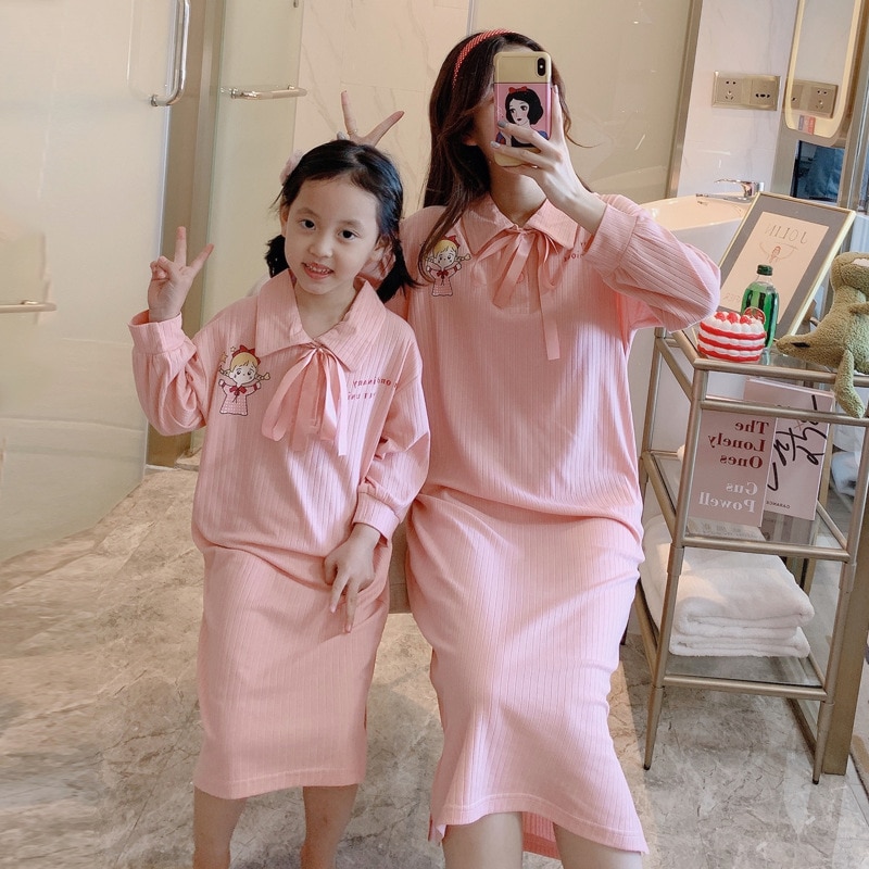 Nightdress girl long sleeve Lapel cotton sweet and lovely princess style mother daughter shirt dress home clothes