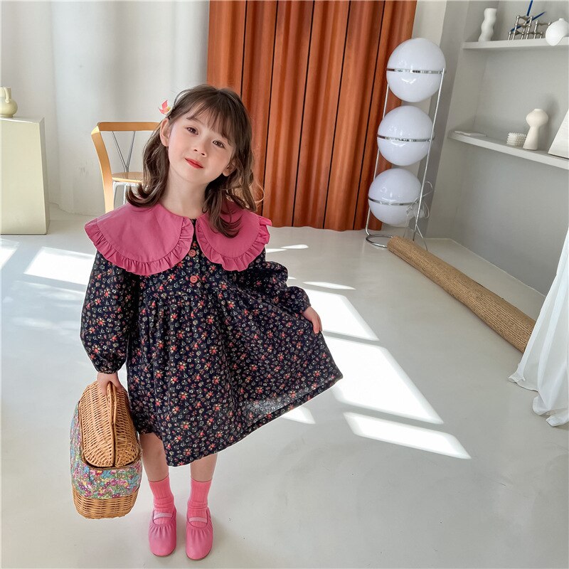 Peter Pan Collar Children Long-sleeved Dress 2022 Spring New Girl Lotus Leaf Lapel Floral Princess Dresses Kids Clothes