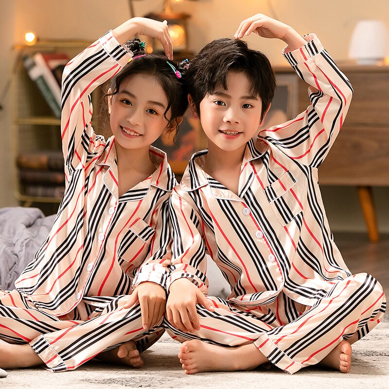 New Kids Homewear Silk Children Pajamas Set Night Clothes Satin Unisex Boys Casual Sleep Loungewear 3-12Yrs Stripe Pyjamas Set