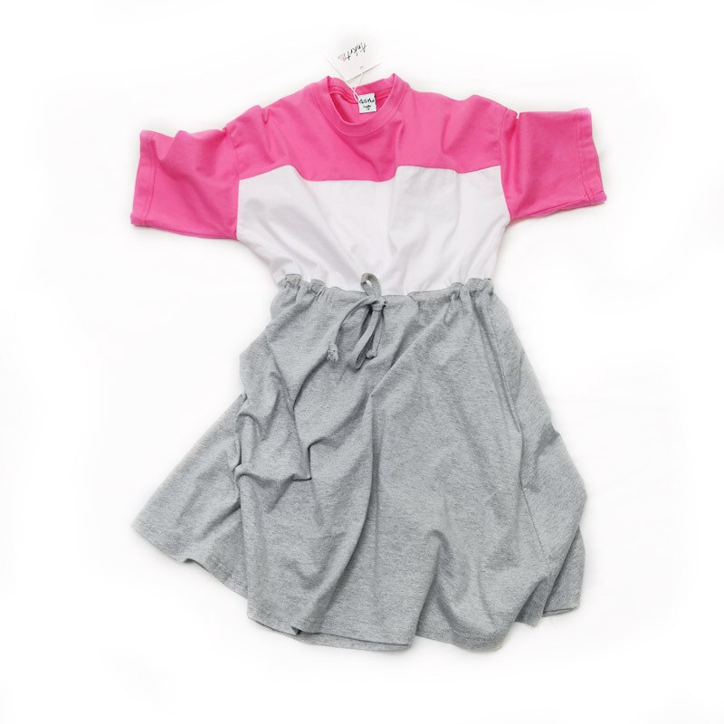 Holiday style T-shirt long girls dress children's casual short sleeve skirt mother daughter color blocking waist skirt