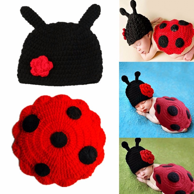 Cartoon 0-6Months Infant Winter Flower Hat Ladybug Shape Lovely Crochet Clothing Baby Suit Cloak Photography Custume