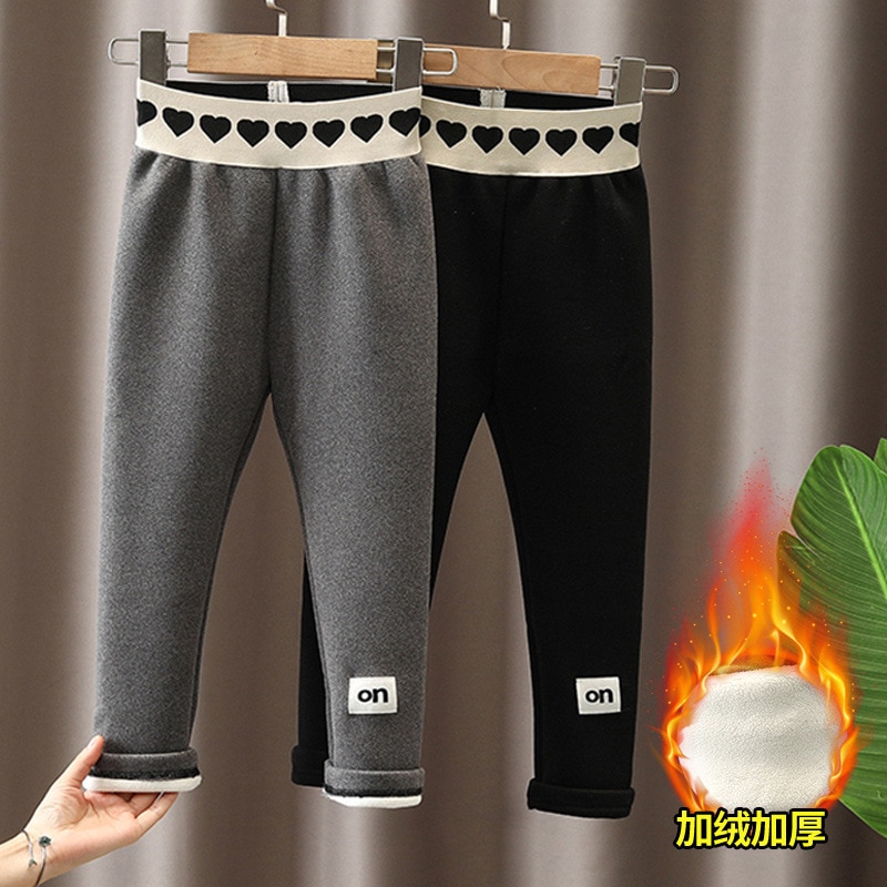 Girl Leggings Winter 2021 Children's Cotton Lovely Heart Waist Letter Applique Velvet Thickened Warm Tights Child Pants For