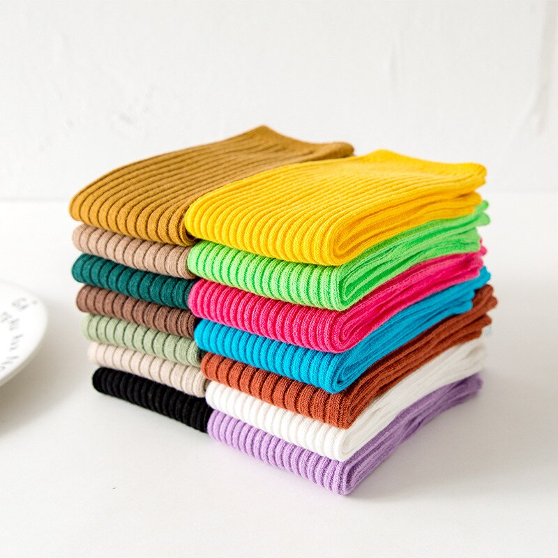 2021 Autumn And Winter New Cotton Children Socks Children Double Needles Thick Vertical Strips Korean Pile Pure color socks