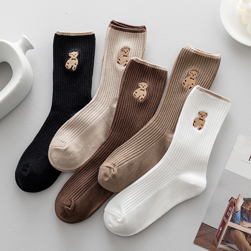 1 Pairs Cute Kawaii Bear Animal Print Stripe Socks Cartoon Cute Socks Fashion for Women Girls Solid Color Soft Socks Women