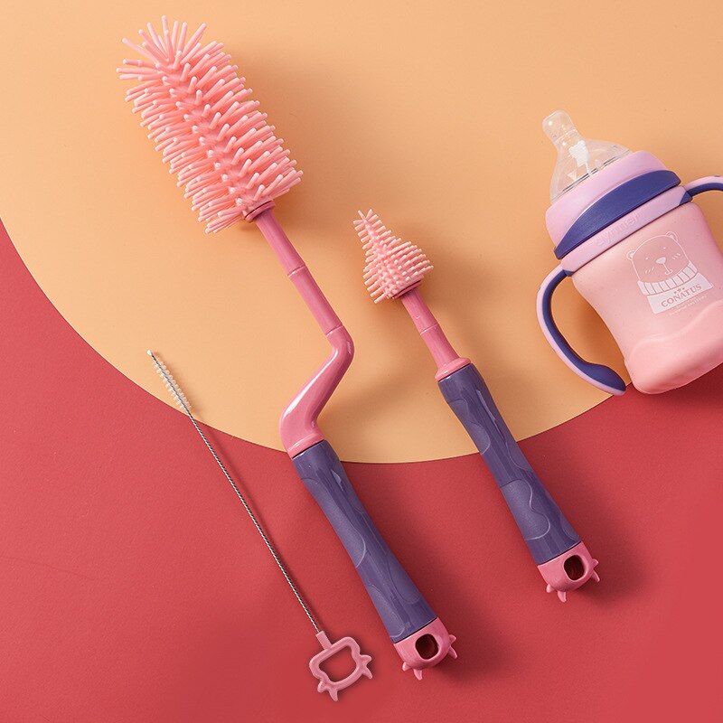 Silicone Bottle Brush 360 Degree Rotation Baby Pacifier Cup Nipple Soft Head Cleaning Brushes 3 Set Handheld Food Grade Watering