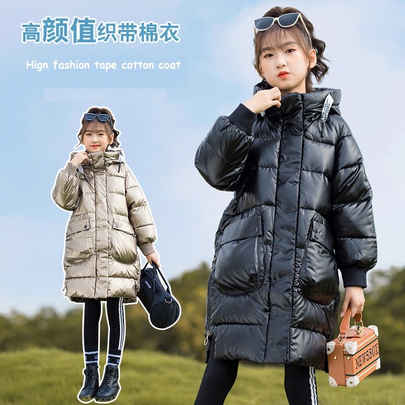Girls Winter Cotton Coat 2021 Children's Fashion Bright Long Letter Tape Big Pocket Zipper Hooded Jacket Child Clothes Over