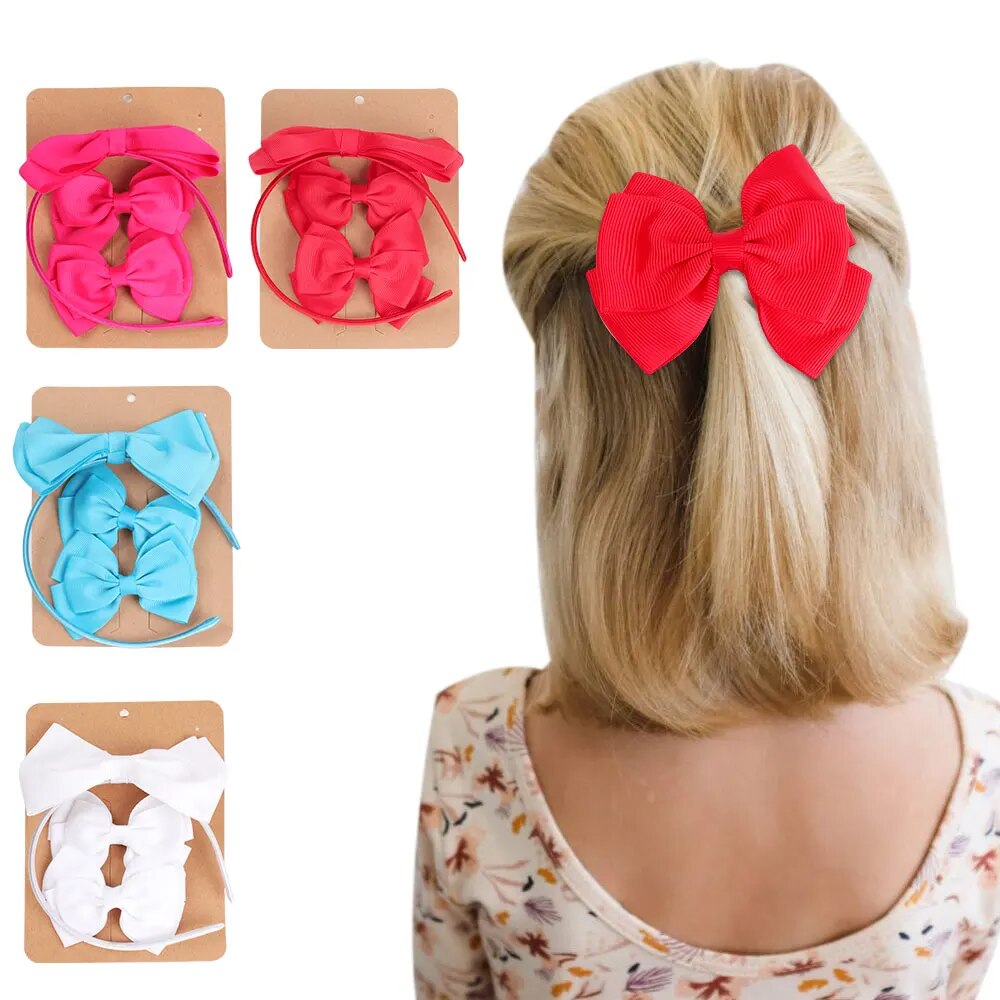 3pcs/set Baby Girls Solid Color Bowknot Hairpin Hair Hoop Set Kids Baby Accessories Kids Fashion Colorful Headband New Year Gift