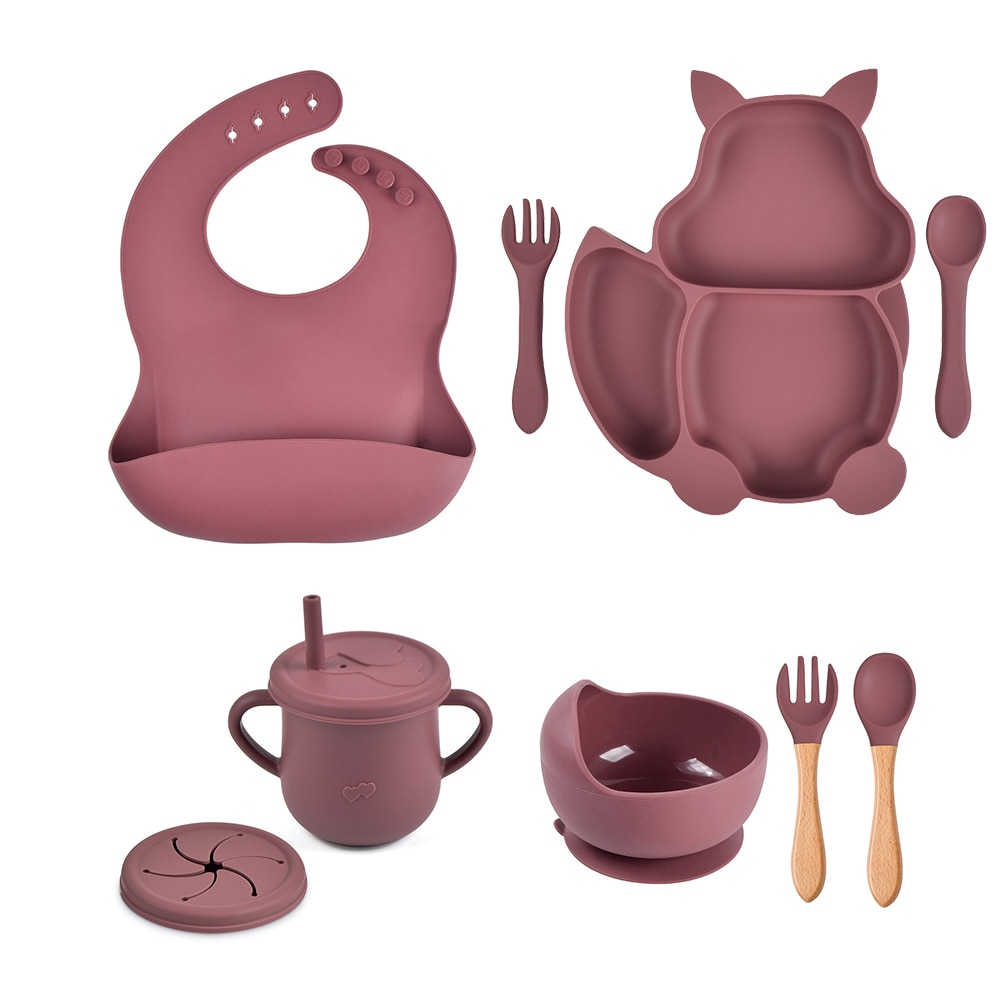 4/6/8 PCS Baby Soft Silicone Sucker Bowl Plate Cup Bibs Spoon Fork Sets Non-slip Tableware Children's Feeding Dishes BPA Fr