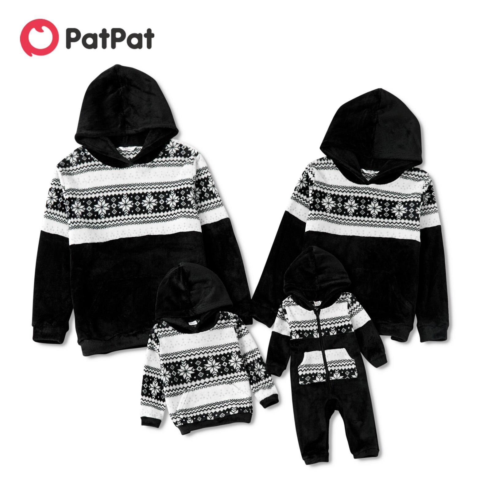 PatPat Christmas Snowflake Print Splicing Black Family Matching Fleece Long-sleeve Hoodies
