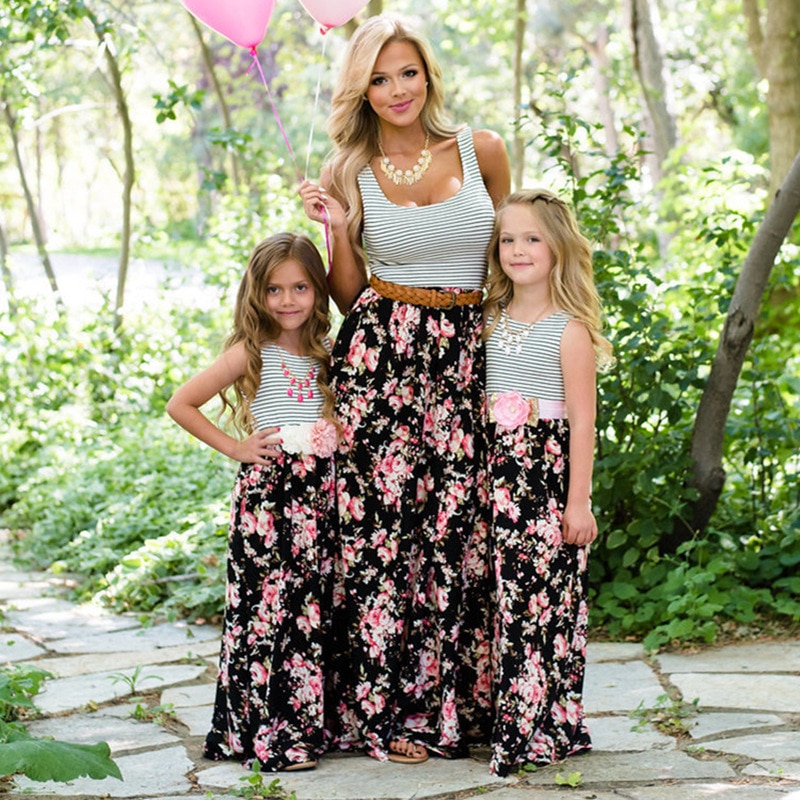 New Women Girls Floral Printed Dress Family Matching Outfits Mother Daughter Strapless Striped Dresses Mommy And Me Family Look