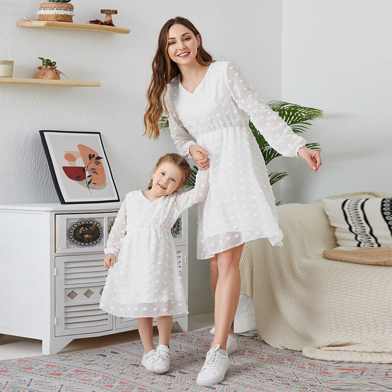 Mother Daughter Dress 2022 Family Matching New Spring Summer Long Sleeve Chiffon Dresses