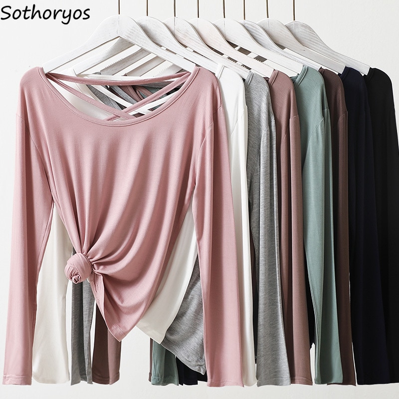 Backless Women Sleep Tops Solid All-match Basic Long Sleeve Simple Comfortable Breathable Criss-cross Soft Modal Fashion Daily