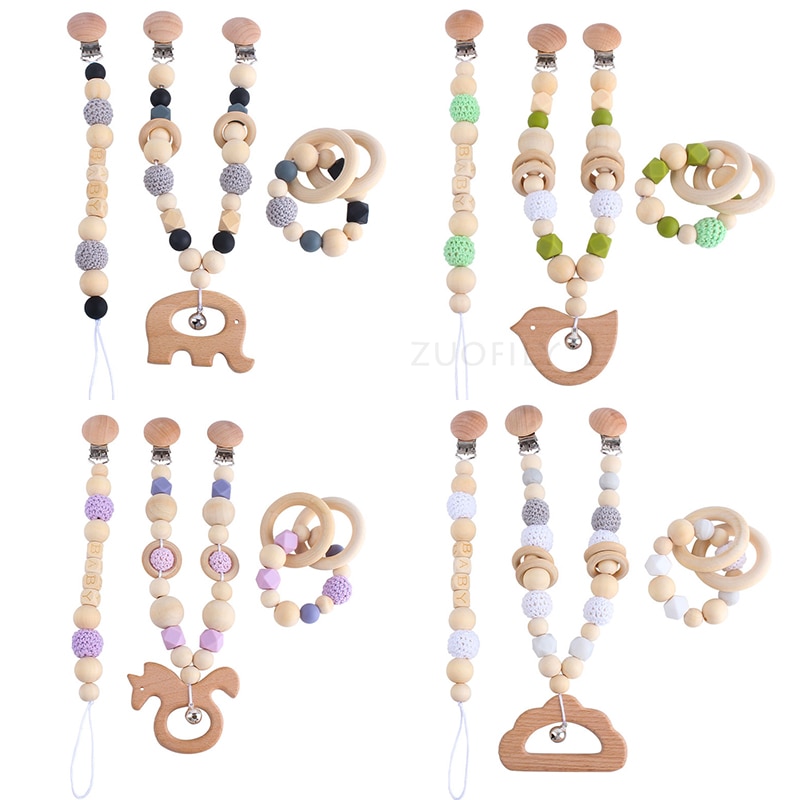 Wooden Cartoon Elephant Rabbit Stroller Chain Pacifier Chain Crochet Teether Personalized Newborn Baptism Gifts Baby Toy Set