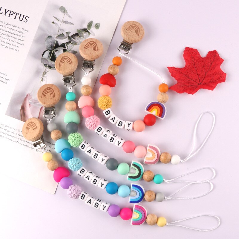 Personalize Name Wooden Dummy Clip Pacifier Clips Baby Silicone Pacifier Holder Chain Baby Attache Sucette Gift