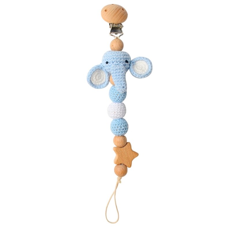 XXFE Baby Pacifier Chain Clip Crochet Cartoon Animals Nursing Teether Soother Holder Beech Wood Clip DIY Dummy Nipple Holder
