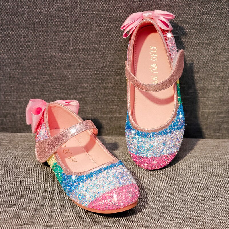 2022 New Spring Summer Girls Soft Sole Leather Shoes Fashion Cute Rainbow Sequins Banquet Party Princess Flat Children's Sh