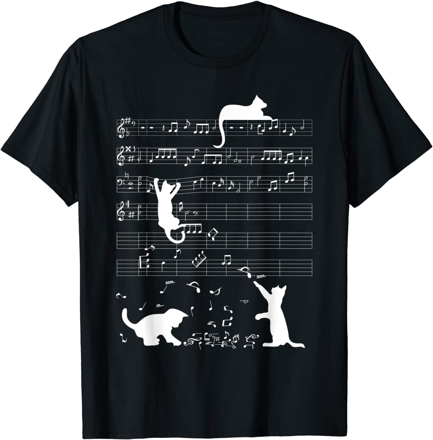 Cute Cat Kitty Playing Music Note Clef Musician Art T-Shirt. Summer Cotton Short Sleeve O-Neck Mens T Shirt New S-3XL