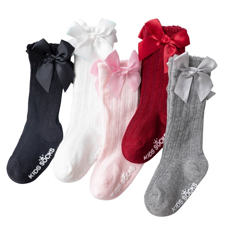 2022 Kids Socks Toddlers Girls Big Bow Knee High Long Soft Cotton Lace Baby Kniekousen Meisje Wholesale Children Clothing