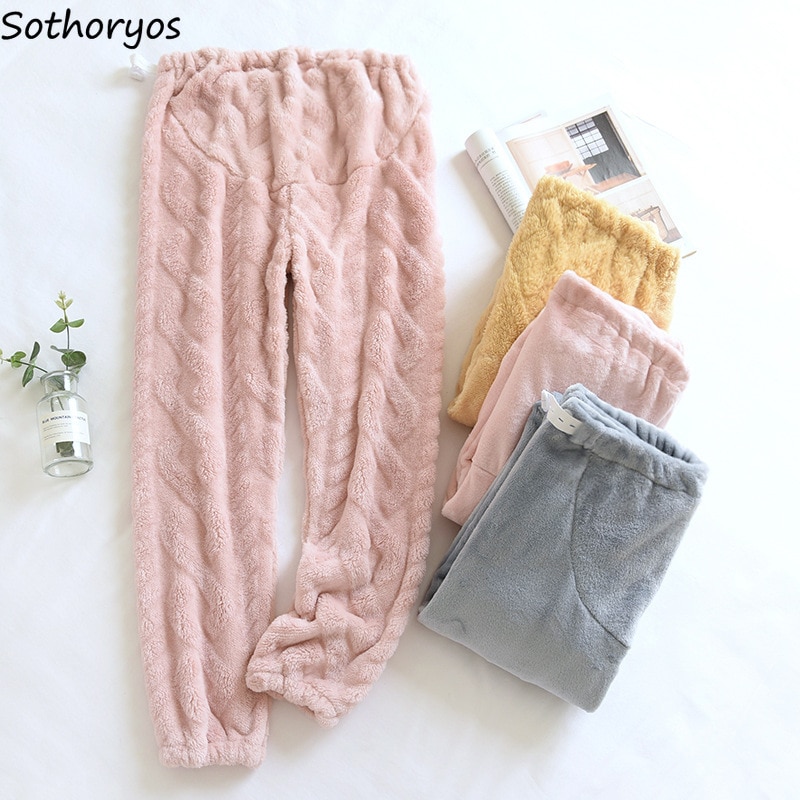 Flannel Women Sleep Bottoms Warm Homewear Simple Basic Solid Elastic High Waist Jogger Casual Cute Trendy Japanese Style Chic