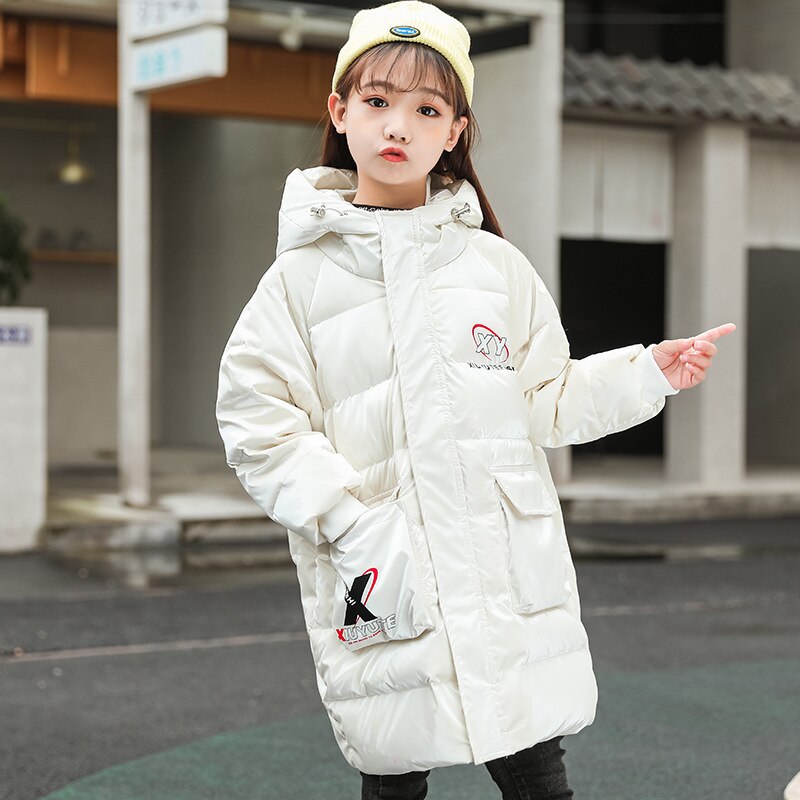 Girls Down Overcoat Children's Fashion Long Letters Hooded Zipper White Duck Down Warm Jacket Kids Clothing Child Coat For 