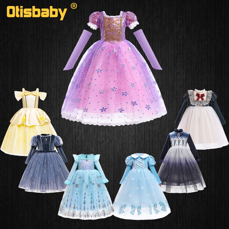 Fancy Girl Snow Queen Elsa 2 Rapunzel Belle Princess Dress Up Disguised Child Christmas Birthday Party Ball Gown Belle Costume