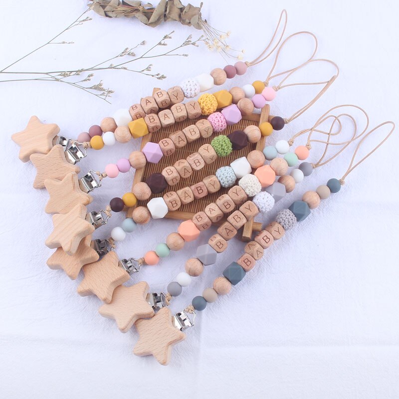 Star Wood Pacifier Clips Chain Personlized Name for Newborn Baby Food Grade Silicone Nursing Beads Dummy Nipple Holder Strap