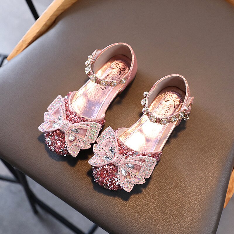 2022 Kids Princess Shoes for Wedding Party Silver Pink Rhinestone Butterfly Crystal Sandal Leather Shoes Girls Performance shoes