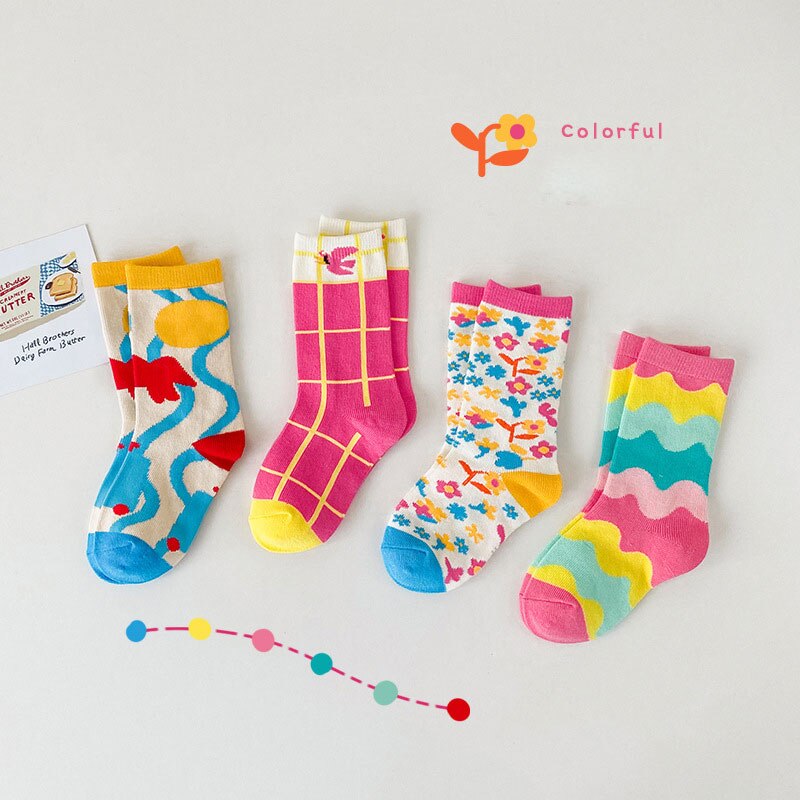 ICEY KIKO 4 Pairs Autum Winter Kids Fashion Funny Colorful Cotton Warm Socks Striped Candy Socks For Girls Gifts