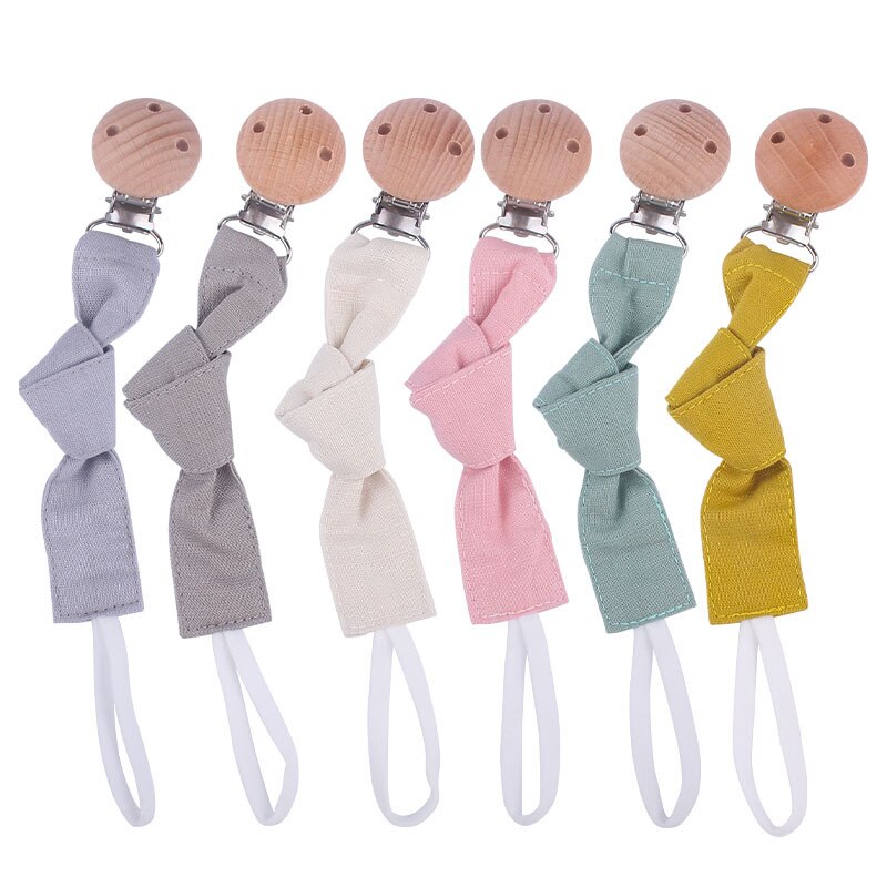 Hot Sale Baby Pacifier Chain Beech Wood Pacifier Quilted Cotton Linen Ribbon Pacifier Rope Clips Bebes Accesorios Baby Gift