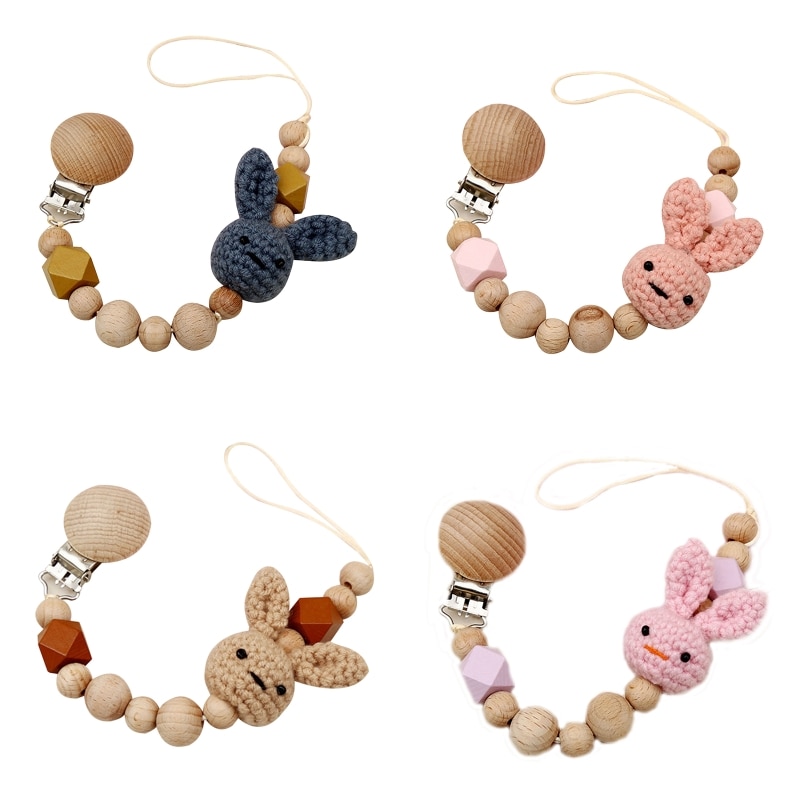Baby Pacifier Clip Nursing Soother Holder Wooden Beads Crochet Rabbit Teether Chain Clip DIY Dummy Nipple Holder Leash Strap