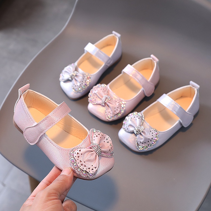 2021 Autumn New Kids Fashion with Bow Rhinestone Shallow Cute Low Heels Soft Children Square PU Mary Jane Shoes Princess Solid