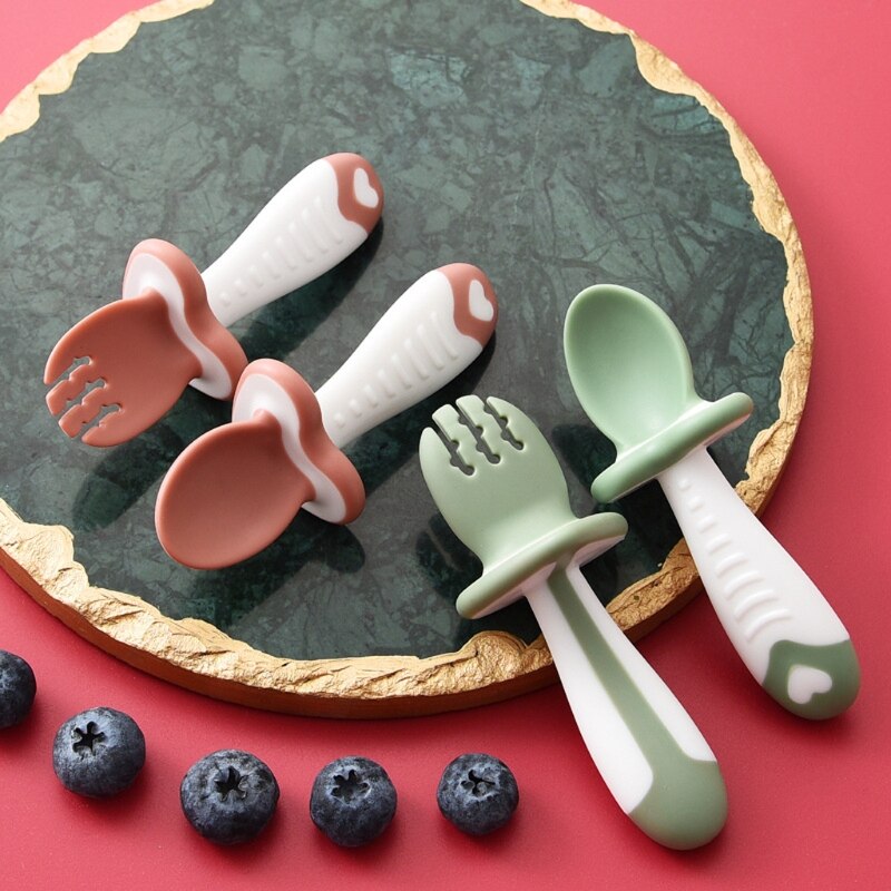 2Pcs/Set Baby Training Soft Head Spoon And Fork Short Handle Kids Spoon Fork Set BPA Free Children Spoon Fork Tableware Hot Sale