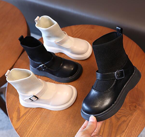 Girls boots Spring-Fall kids Martin boots knitted children's short boots PU Leather Waterproof Martin Boots little kids sho