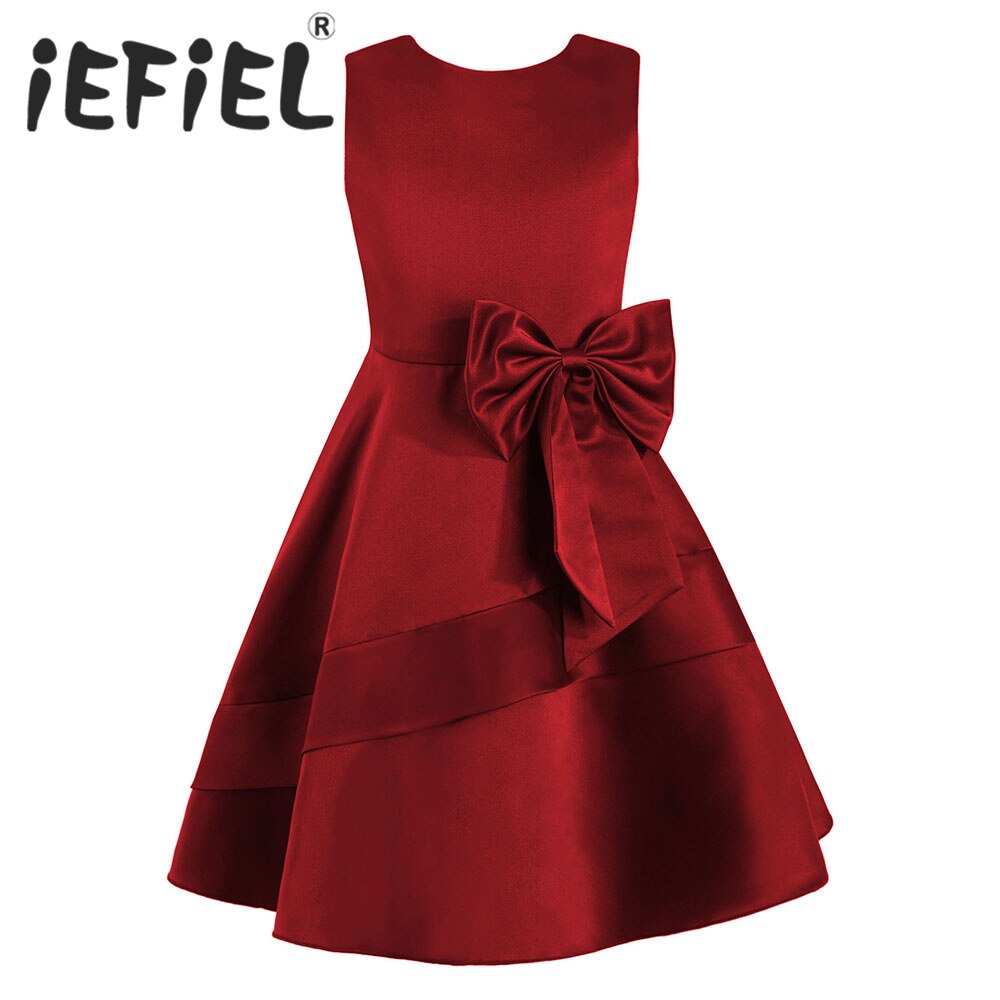 4-14 Years Kids Girls Big Bowknot Satin Party Dress Round Neck Sleeveless A-Line Solid Tutu Dress for Birthday Formal Occasion