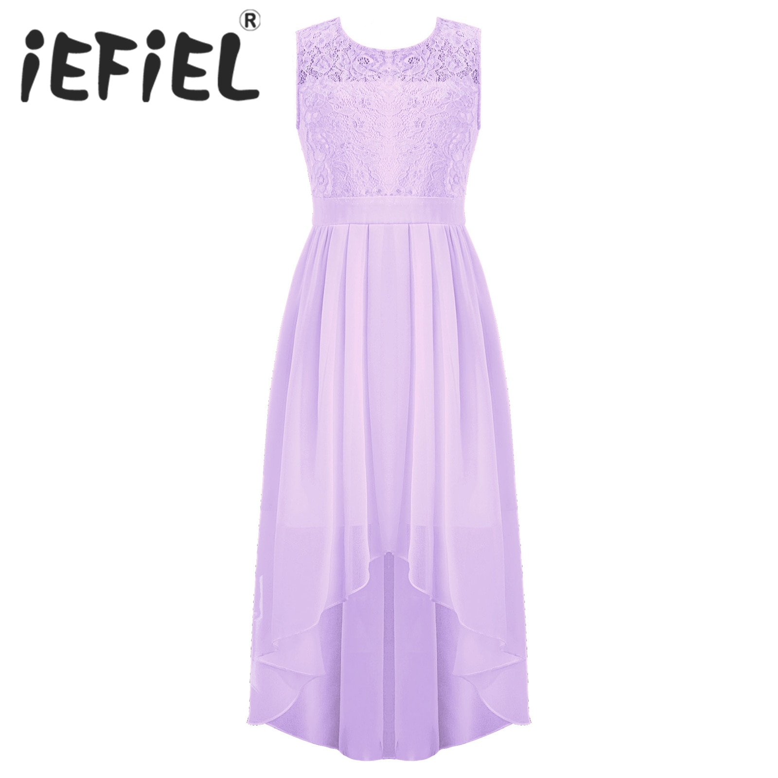 6-16 Kids Flpwer Girls Elegant Floral Lace Chiffon Dress Sleeveless Asymmetrical High-Low Hem Dress for Wedding Birthday Party