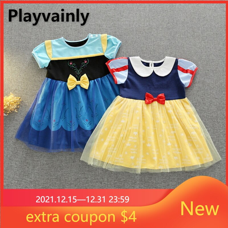 2022 New Summer Cosplay Dress Girls Short Sleeves Bow Blue Yellow Patchwork Cartoon Apple Princess Dresses Baby Clothes E1804