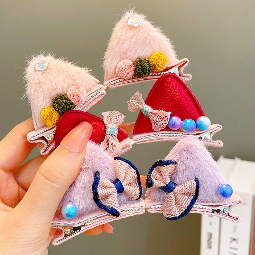Winter Cute Cartoon Cat Ears Shape Children's Plush Hair Clips Baby Bowknot Hair Accessories Photo Props Plush Ball Hairpin