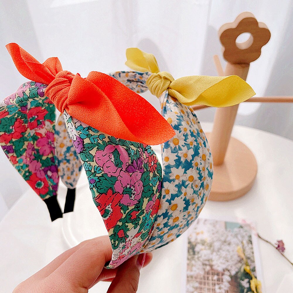 Gift For Kids Korean Flowers Print Girls Baby Cute Lovely Bow Head Hoop Hair Accessories Children's Hairband Headdress