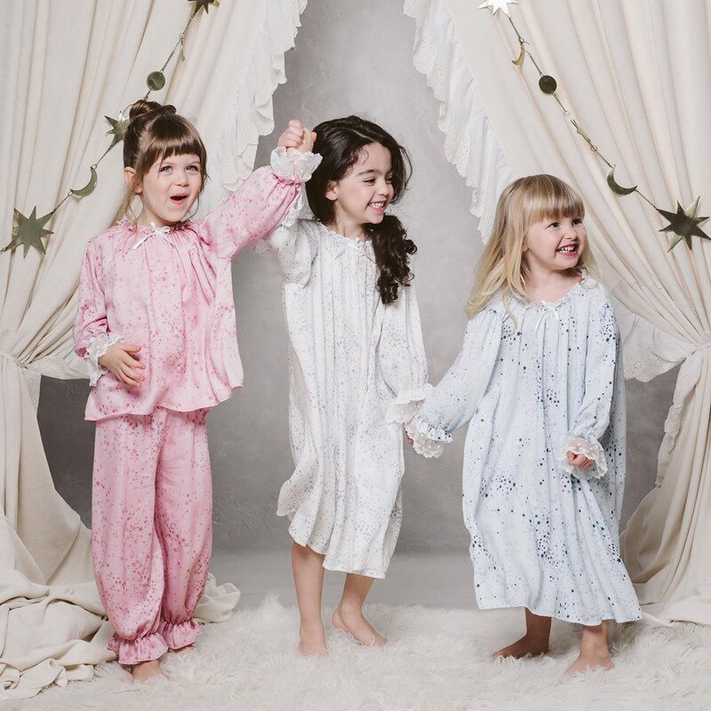In Stock 2022 Spring Pajamas for Teen Girls Star Print Rayon Satin Pajamas Sets Long Sleeve Nightdress Kids Satin Pajamas