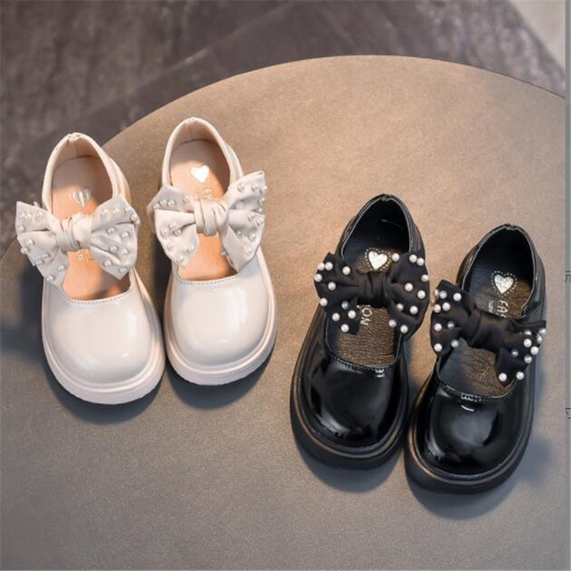 Children's Leather Shoes Girls bow patent leather Princess shoes girls' pearl single shoes black white performance dan