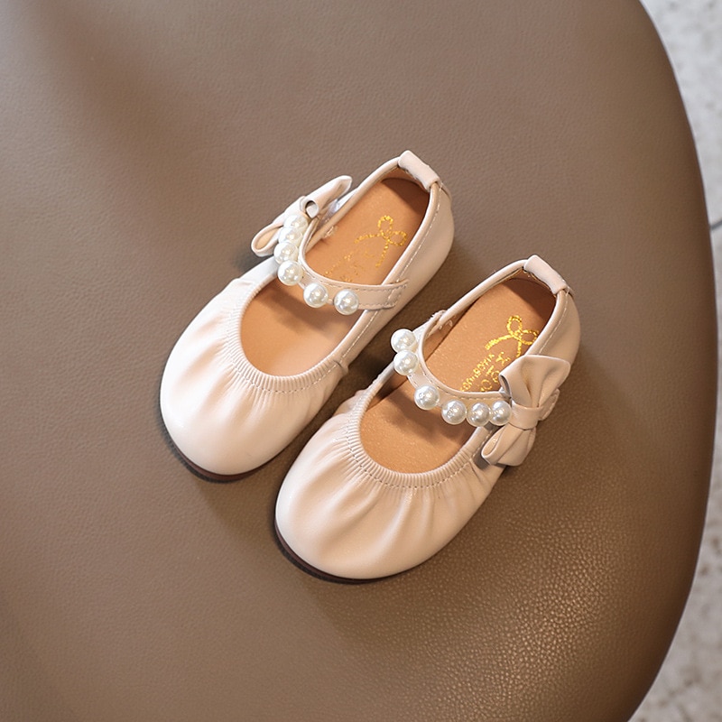Fashion 2021 Autumn Girls Children's Flat Shoes Bow Princess Pearl Shoes Kids Flat Leather Shoes Kids Soft Casual Single Sh