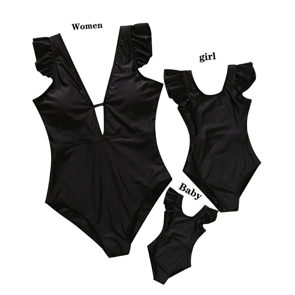 Family Matching Set Black V-neck Mother Daughter Baby Ruffle Swimsuit Mom And Daughter Matching Clothes Parent-child Beach Wear